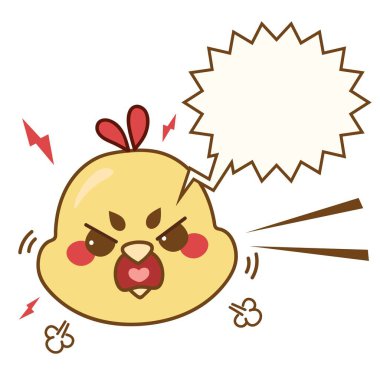 Kızgın tavuk. Kawaii karikatür tarzında kuş kafası. Kabarcık konuşmalı el yapımı bir hayvan. Beyaz arkaplanda izole edilmiş piliç vektör illüstrasyonu.