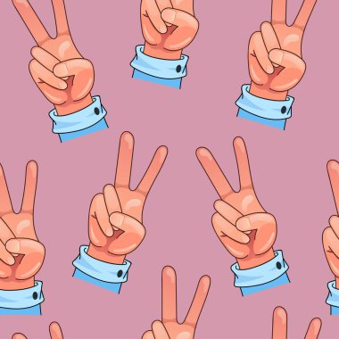 Çizgi film stiliyle el hareketi zaferi. Renkli, pürüzsüz desen. İnsan eli tasviri.