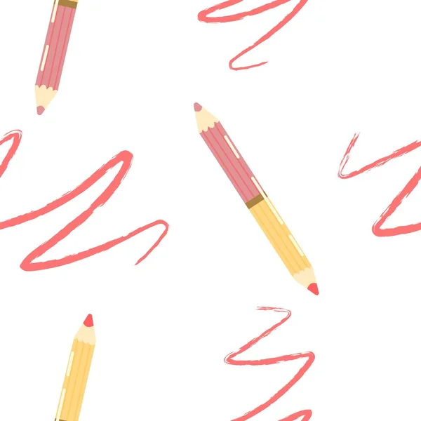 Cute Pink Lip Pencil Cartoon Style Vector Seamless Pattern White — Stock Vector