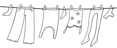 İpte asılı elbiseler. Pantolon, gömlek, çoraplar kuruyor. Çizgi film düz çizim. Düz vektör çizimi beyaz arkaplanda izole edildi. İpte çarşaf.