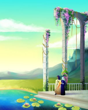 Fantasy landscape. Destroyed columns. Castle in the mountains. Lake with lilies. Adventures. Cartoon illustration. clipart