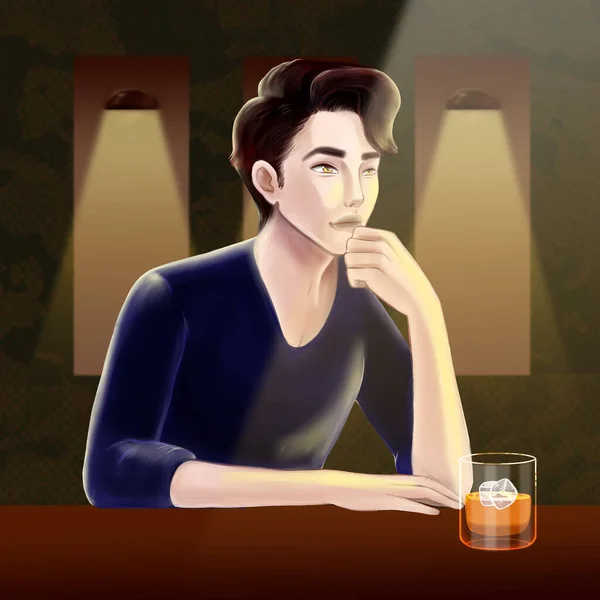 Man Sitter Vid Bar Med Ett Glas Whisky Digital Illustration — Stockfoto