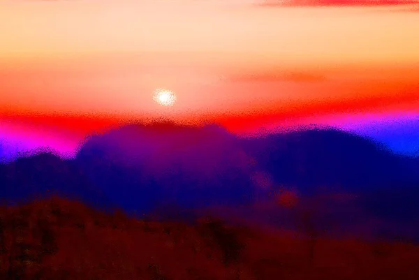 Психоделический Пейзаж Пустыни Заката Рисунком Цветов Блестящей Глянцевой Поверхности Блестящим — стоковое фото