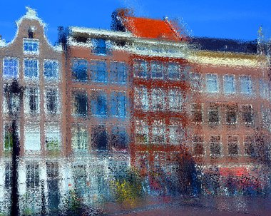 Psikedelik Amsterdam kanal evleri parlak yüzeydeki renk desenli ya da parlak camlı