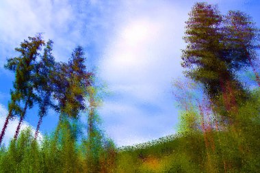 Psikedelik orman ağaçları parlak yüzeyde renk desenli ya da parlak camlı