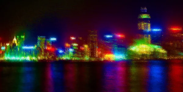 Psikedelik Gece Şehir Manzarası Parlak Yüzeydeki Renk Desenli Parlak Camlı — Stok fotoğraf