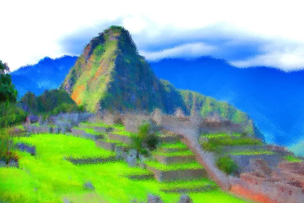 Psykedeliska Machu Pichu Bakgrund Med Färger Mönster Glänsande Blank Yta — Stockfoto