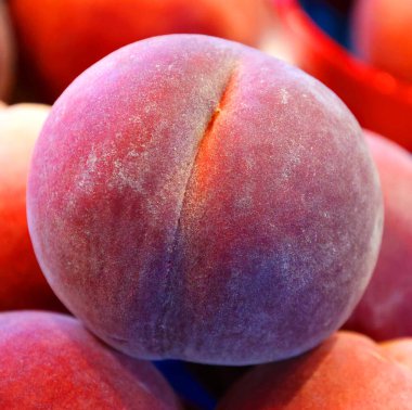 Sulu şeftaliler. Bir sürü şeftali. Bir yığın şeftali. Yaz tepsisi pazarı tarım çiftliği organik şeftalilerle dolu..