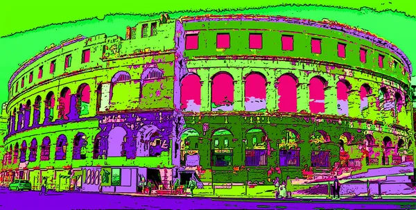 Pula Arena Beroemde Romeinse Amfitheater Teken Illustratie Pop Art Achtergrond — Stockfoto