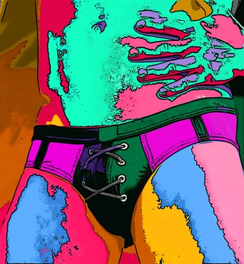 Kaydırma işareti resimli genç adam renk lekeli pop-art arkaplan simgesi