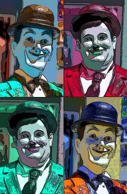 Stan Laurel ve Oliver Hardy çizgi roman aktörleri renk lekeli pop-art arkaplan ikonu imzaladılar 