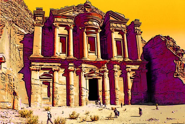 Egyik Hét Csodák Világ Petra Jordan Jel Illusztráció Pop Art — Stock Fotó