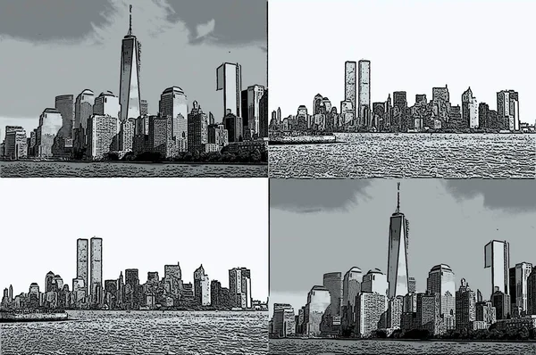 2001年11月9日之前和之后的曼哈顿下城美国纽约风景与流行艺术背景图标与彩色斑点 — 图库照片