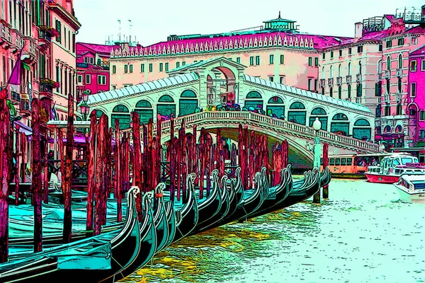 이탈리아 베네치아의 대운하 리알토 유명하고 놀라운 이탈리아 곤돌라와 유색인 아이콘을 — 스톡 사진