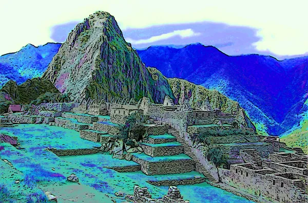 Machu Picchu Een 15E Eeuwse Inca Citadel Peru Teken Illustratie — Stockfoto