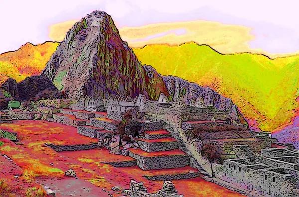 Machu Picchu Talet Inca Citadell Peru Tecken Illustration Popkonst Bakgrund — Stockfoto