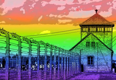 AUSCHWitz BIRKENAU POLAND - 09: 17: Auschwitz toplama kampı tabelası pop-art arkaplan ikonu, 2. Dünya Savaşı sırasında Nazi tarafından öldürülen eşcinsel erkekler anısına gay bayrağı renginde