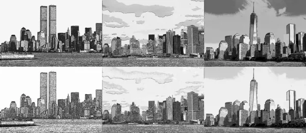 2001年11月9日之前和之后的曼哈顿下城美国纽约风景与流行艺术背景图标与彩色斑点 — 图库照片