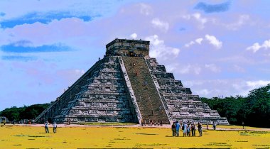 Chichen Itza, Meksika Maya halkı tarafından inşa edilmiş büyük bir Kolombiya şehriydi. Renk lekeli pop-art arka plan ikonu imzalardı.