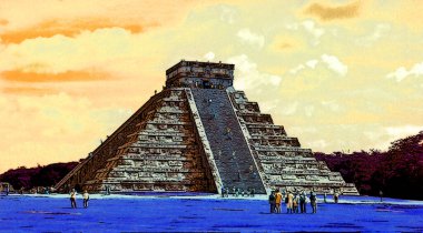 Chichen Itza, Meksika Maya halkı tarafından inşa edilmiş büyük bir Kolombiya şehriydi. Renk lekeli pop-art arka plan ikonu imzalardı.