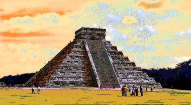 Chichen Itza, Meksika Maya halkı tarafından inşa edilmiş büyük bir Kolombiya şehriydi. Renk lekeli pop-art arka plan ikonu imzalardı.