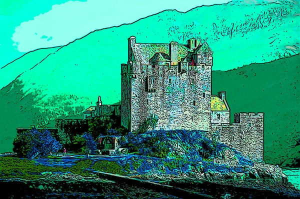 Eilean Donan Castle Liten Loch Duich Tecken Illustration Popkonst Bakgrund — Stockfoto