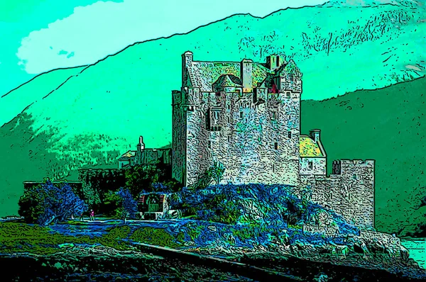 Eilean Donan Kalesi Loch Duich Küçük Bir Adadır Renkli Pop — Stok fotoğraf