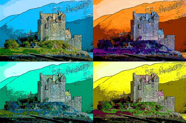 Eilean Donan城堡是位于Loch Duich的一个小岛 是带有彩色斑点的流行艺术背景图标 — 图库照片