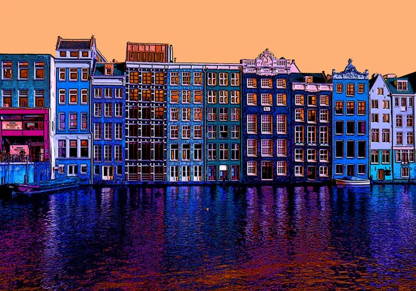 Amsterdam Países Bajos Octubre 2015 Típico Canal Casas Signo Ilustración — Foto de Stock