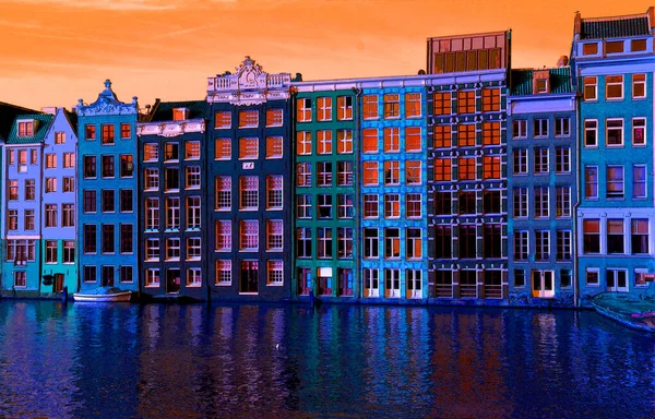 Amsterdam Niderlandy Październik 2015 Typowy Kanał Domy Znak Ilustracja Tło — Zdjęcie stockowe
