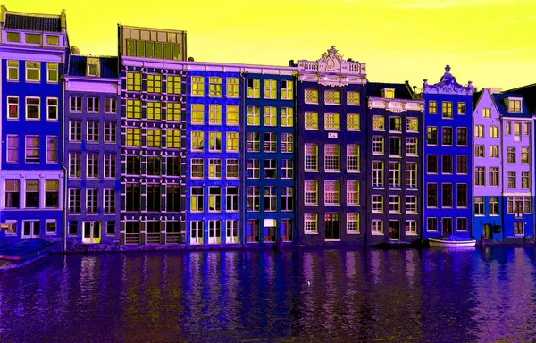 アムステルダムオランダ 2015年10月3日 典型的な運河住宅は カラースポットとイラストの背景アイコンに署名します — ストック写真