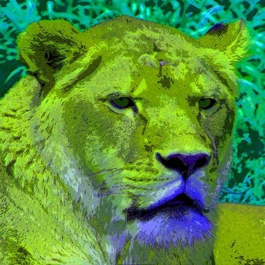 Aslan işareti resimleme canlı renk benekleri olan pop-art arkaplan simgesi