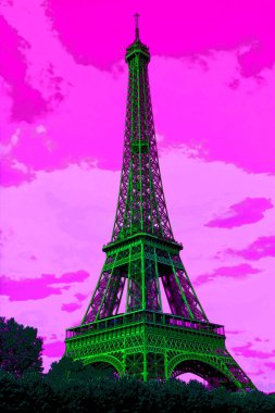 Pop Art Eiffel Tower Paris 'te Art Nouveau tarzında demirden yapılmıştır. Işık Şehri olarak bilinen Fransız başkenti..