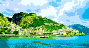 AMALFI Kıyı İTALYA - 05 25 2003: Amalfi Sahili Güney İtalya 'da Tyrhenian Denizi' ne bakan bir kıyı şerididir ve Salerno Körfezi resim çizimi renkli pop-art arka plan ikonu