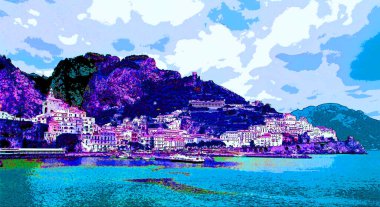 AMALFI Kıyı İTALYA - 05 25 2003: Amalfi Sahili Güney İtalya 'da Tyrhenian Denizi' ne bakan bir kıyı şerididir ve Salerno Körfezi resim çizimi renkli pop-art arka plan ikonu
