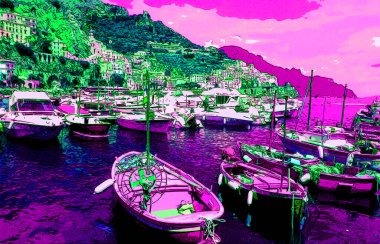 AMALFI Kıyı İTALYA - 05 25 2003: Amalfi Sahili Güney İtalya 'da Tyrhenian Denizi' ne bakan bir kıyı şerididir ve Salerno Körfezi resim çizimi renkli pop-art arka plan ikonu