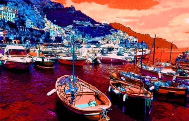 AMALFI Kıyı İTALYA - 05 25 2003: Amalfi Sahili Güney İtalya 'da Tyrhenian Denizi' ne bakan bir kıyı şerididir ve Salerno Körfezi resim çizimi renkli pop-art arka plan ikonu