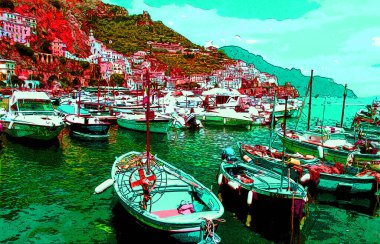 AMALFI Kıyı İTALYA - 05 25 2003: Amalfi Sahili Güney İtalya 'da Tyrhenian Denizi' ne bakan bir kıyı şerididir ve Salerno Körfezi resim çizimi renkli pop-art arka plan ikonu