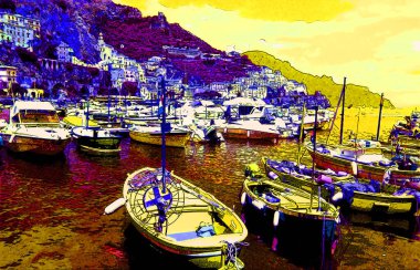 AMALFI Kıyı İTALYA - 05 25 2003: Amalfi Sahili Güney İtalya 'da Tyrhenian Denizi' ne bakan bir kıyı şerididir ve Salerno Körfezi resim çizimi renkli pop-art arka plan ikonu