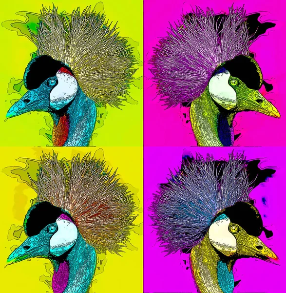 冠鹤标志图上有彩斑的流行艺术背景图标 — 图库照片
