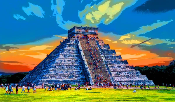 Chichen Itza Mexico 2003年 Chichen Itza Mexicoはマヤの人々がカラースポットを持つイラストポップアートの背景アイコンに署名したコロンビア前の大都市でした — ストック写真