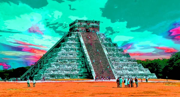 Chichen Itza Mexico 2003年12月11日 墨西哥Chichen Itza是一个由玛雅人建造的前哥伦布时代的大城市 其背景图标上有彩色图像 — 图库照片