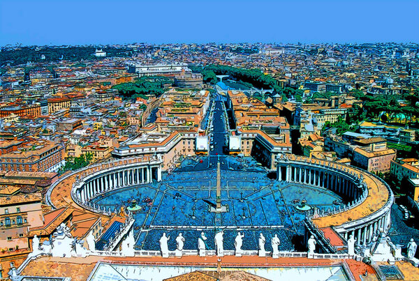 VATICAN CITY ITALY - 05 12 2003: Famous Saint Peter Square in Vatican and aerial view of the city sign illustration pop-art background icon with color spots