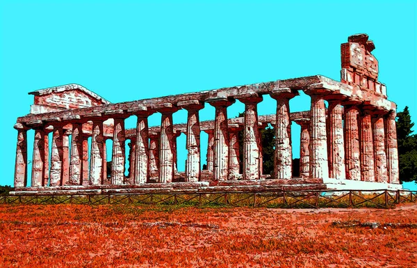 Paestum Itálie 2003 Chrám Archeologického Naleziště Znamení Paestum Ilustrace Pop — Stock fotografie