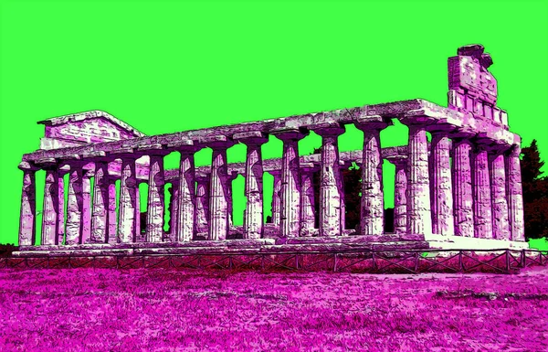 Paestum Olaszország 2003 Templom Régészeti Lelőhely Paestum Jel Illusztráció Pop — Stock Fotó