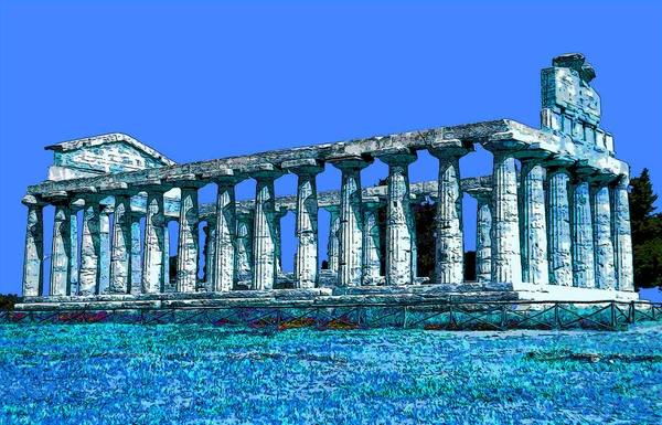 Paestumイタリア 2003年5月18日 カラースポットのあるパエストム記号イラストポップアートの背景アイコンの遺跡の寺院 — ストック写真