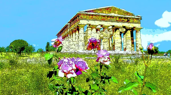 Paestumイタリア 2003年5月18日 カラースポットのあるパエストム記号イラストポップアートの背景アイコンの遺跡の寺院 — ストック写真