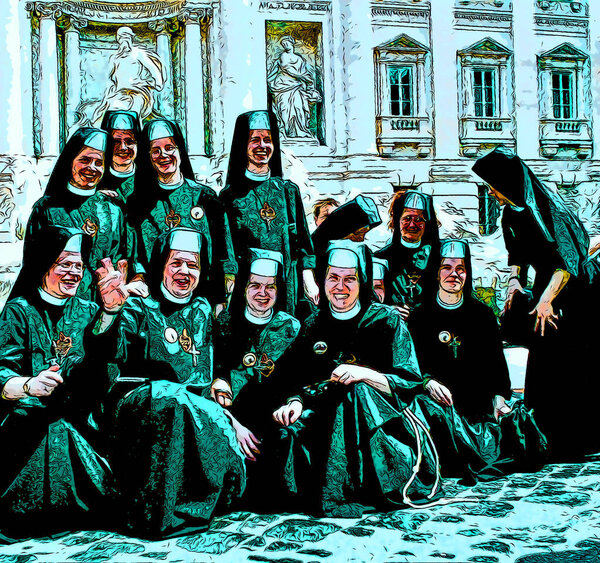 РИМ-ИТАЛИЯ - 05 12 2003: Группа монахинь перед знаком фонтана Треви иллюстрация поп-арт икона фона с цветовыми пятнами