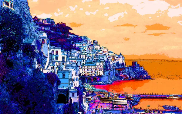 Alfit Coastイタリア 2003 Amalfi Coastはティレニア海とサレルノ湾を見下ろす南イタリアの海岸線のストレッチイラストのポップアートの背景のアイコンです色 — ストック写真