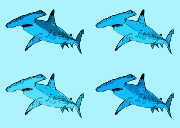 カラースポットとハンマーサメの看板イラストポップアートの背景アイコン — ストック写真